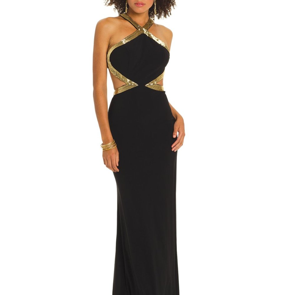 Black and Gold Bugle Beaded Cutout Prom Dress